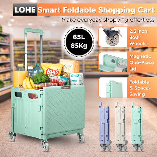 LOHE smart foldable shopping cart with features highlighted in a grocery store setting