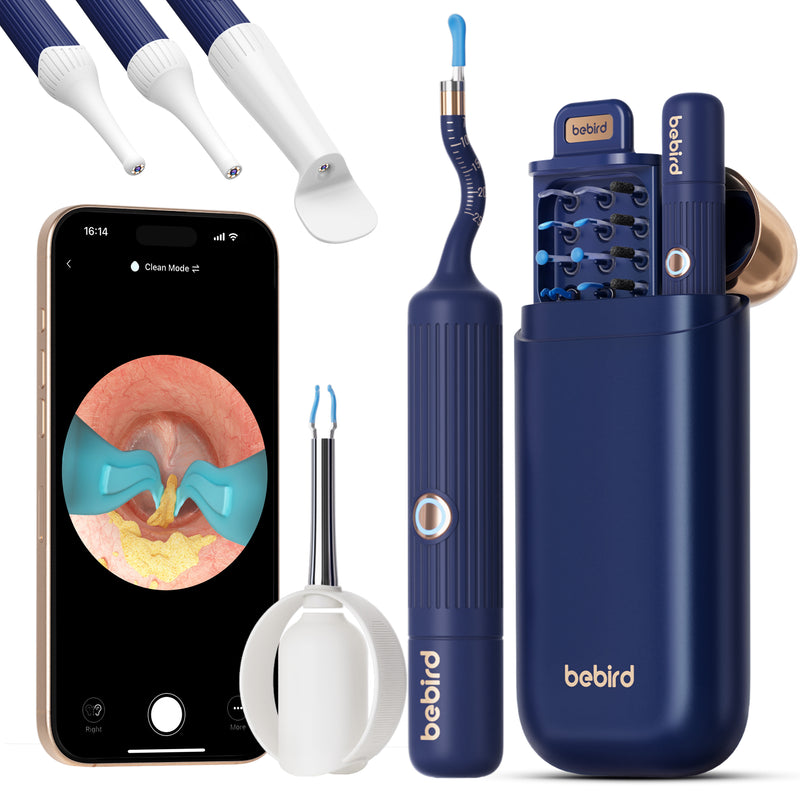 Ear cleaning device with smartphone displaying ear inspection app, multiple nozzles, and carrying case.
