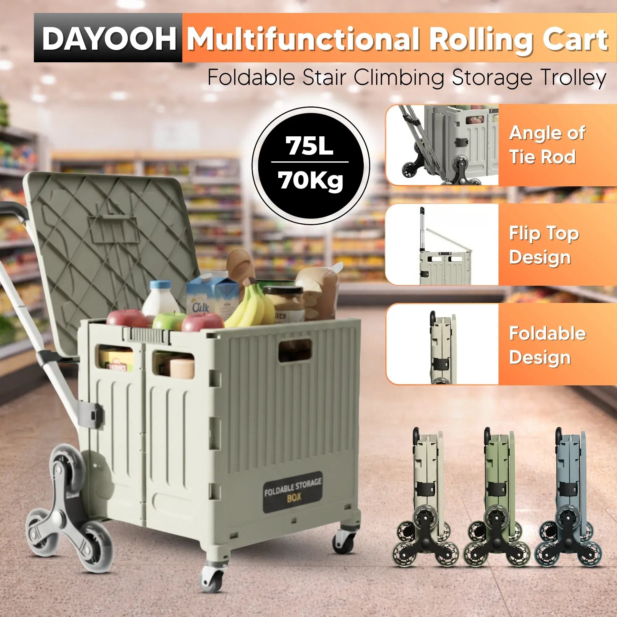 Multifunctional rolling cart with storage features and capacity details on a blurred background.