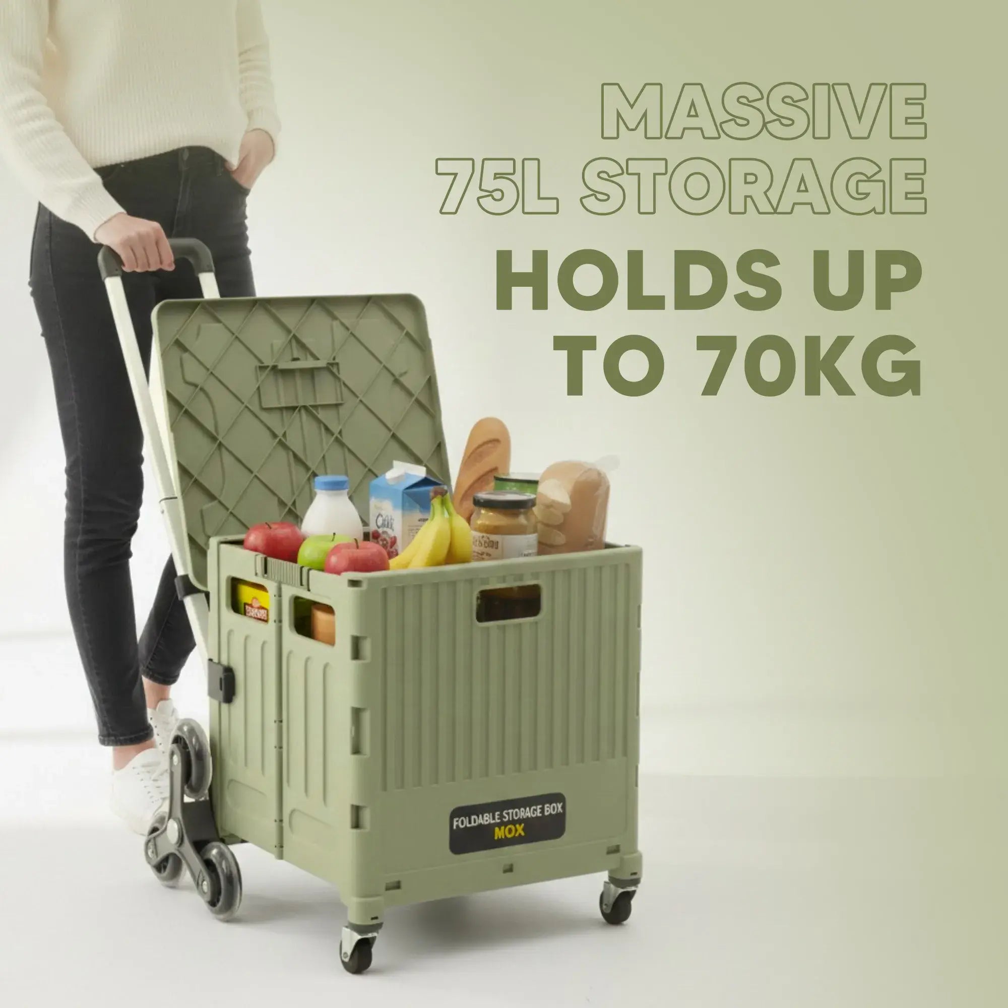 Foldable storage box with wheels filled with groceries, held by a person on a light background.