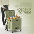 Foldable storage box with wheels filled with groceries, held by a person on a light background.