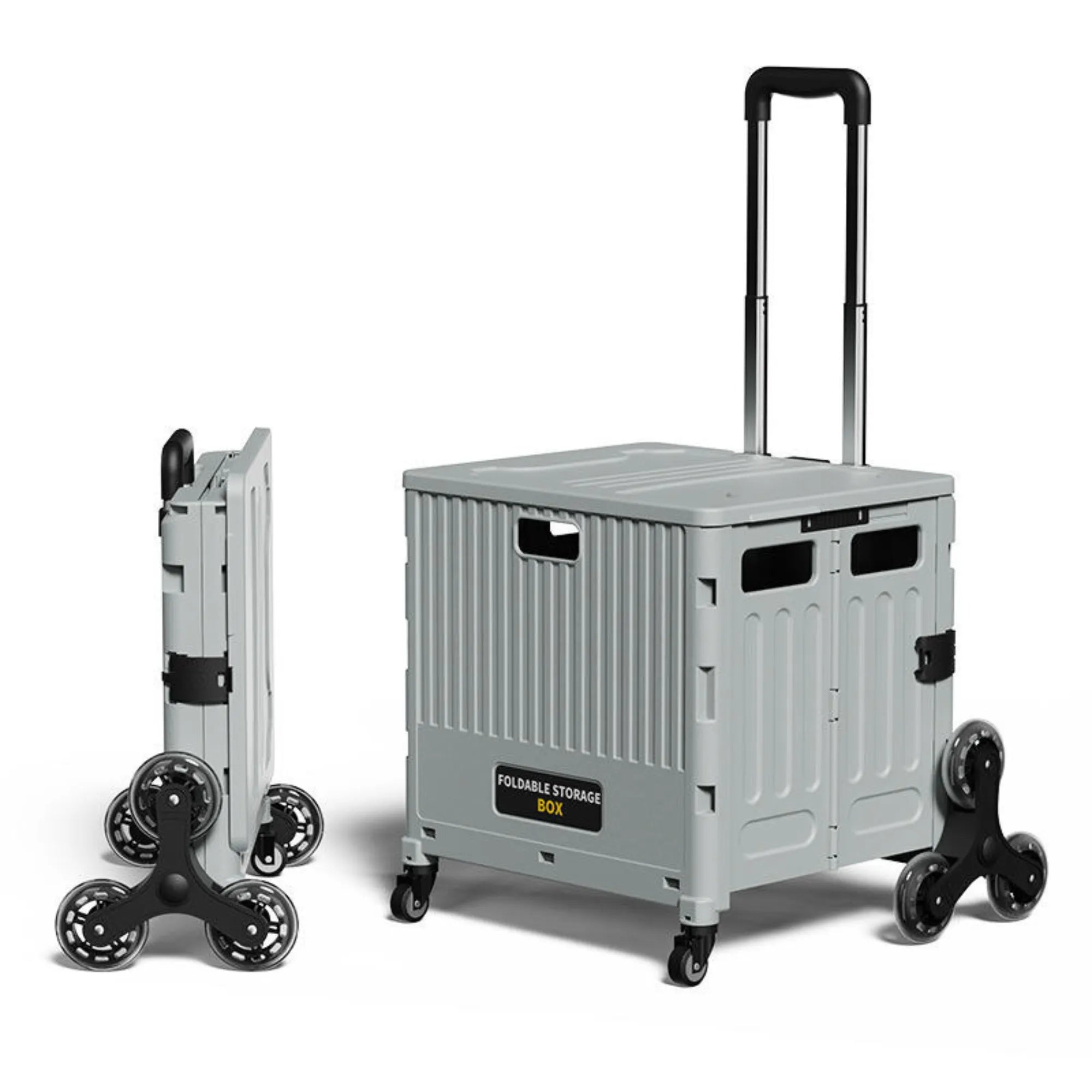 Foldable storage box with wheels on a white background