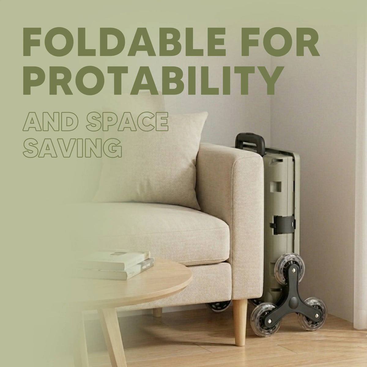 Foldable suitcase next to a beige sofa with text 'Foldable for portability and space saving'.