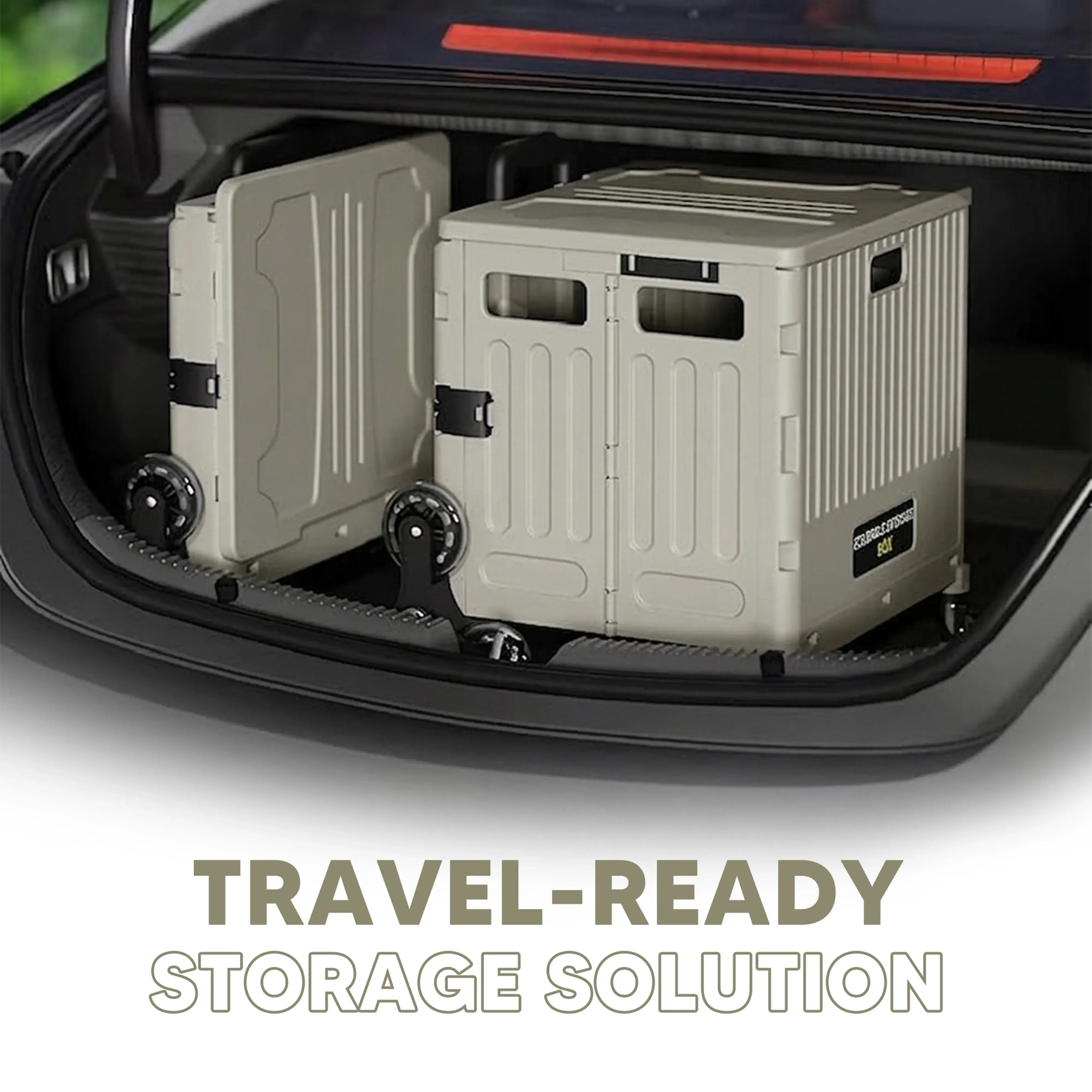 Two storage containers in a car trunk with 'Travel-Ready Storage Solution' text.