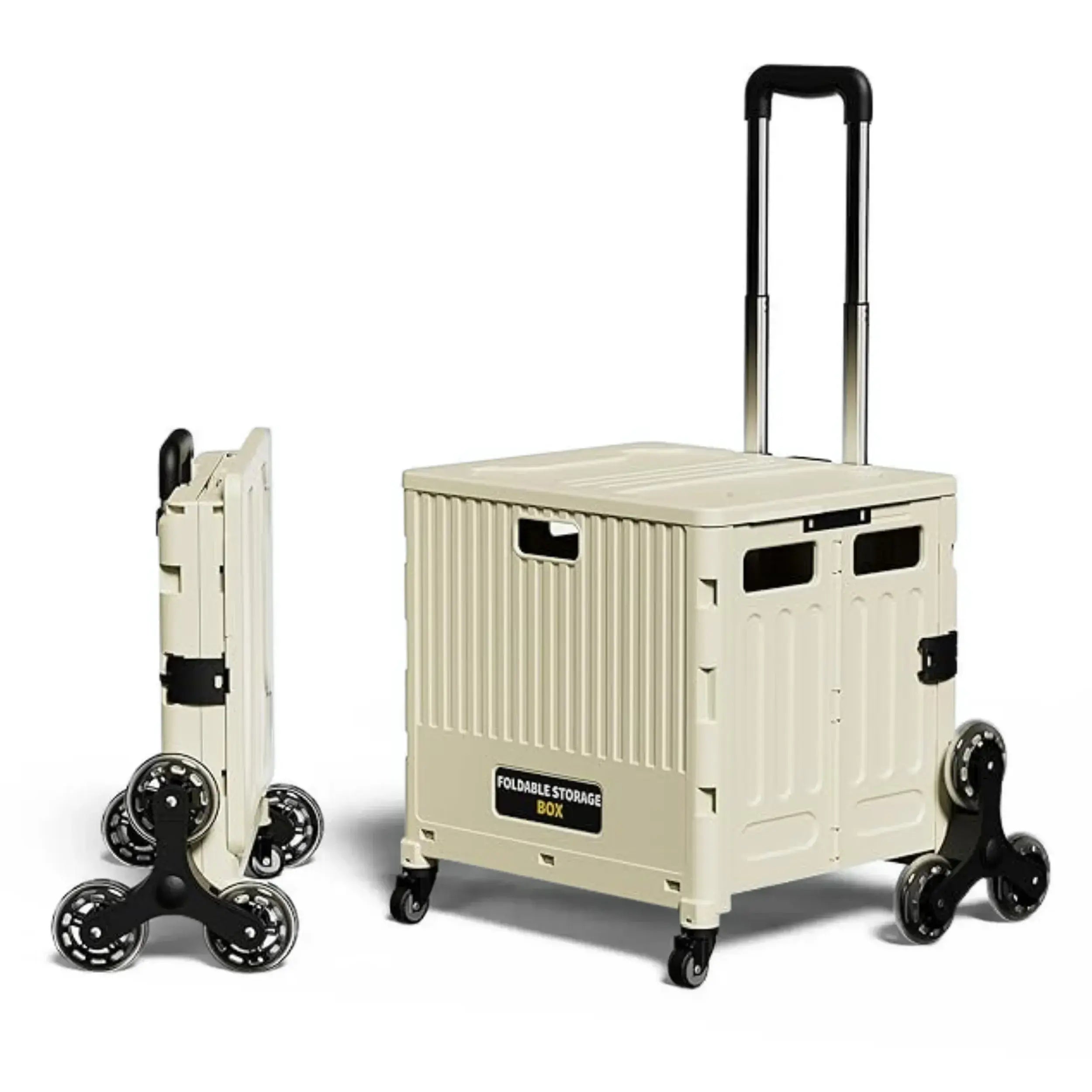 Beige folding storage box with wheels on a white background