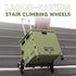 Green storage box with wheels climbing stairs, labeled 'Labor-Saving Stair Climbing Wheels'.