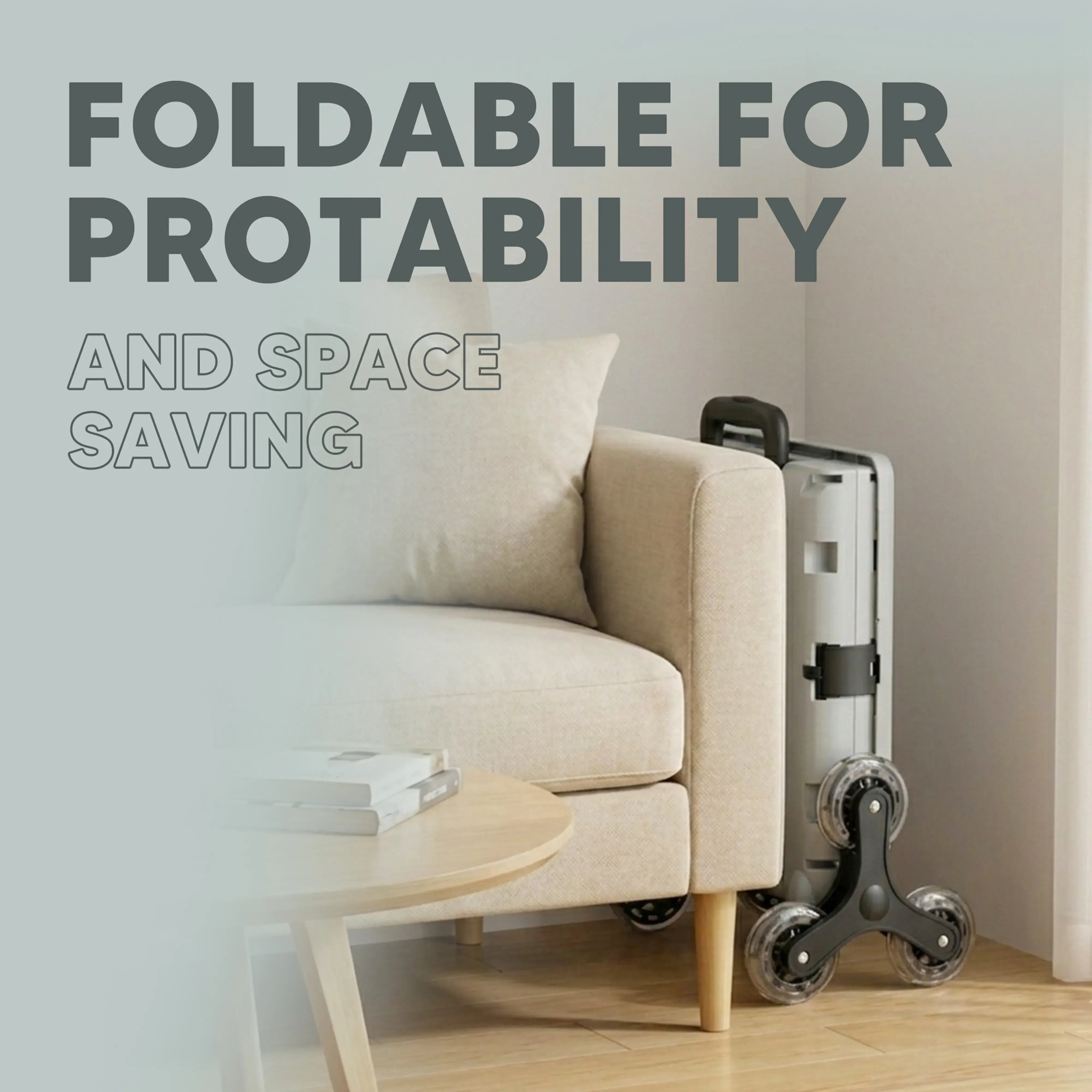 Foldable suitcase next to a beige sofa with text 'Foldable for portability and space saving'.