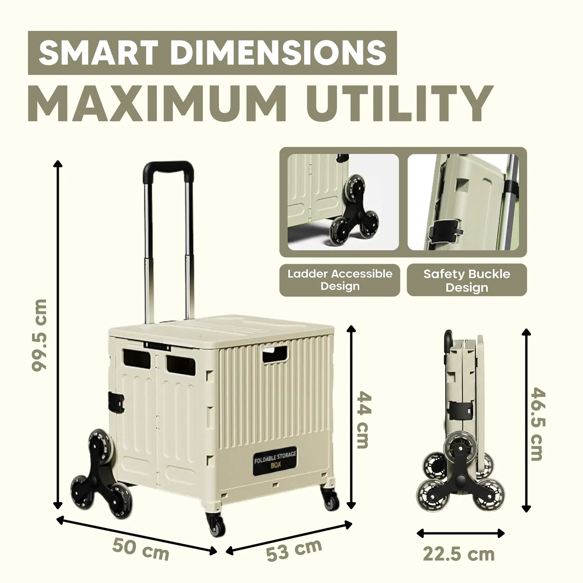 Beige rolling cart with dimensions and design features highlighted on a white background
