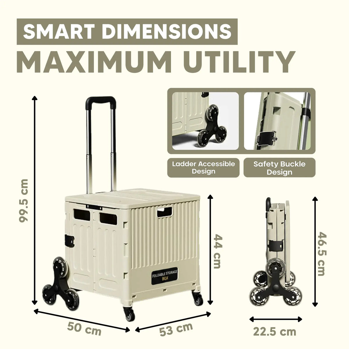 Beige rolling cart with dimensions and design features highlighted on a white background