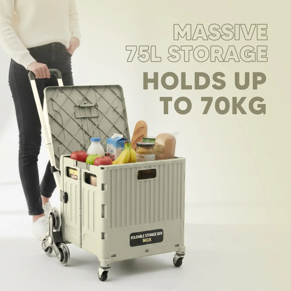 Foldable storage box with wheels filled with groceries, held by a person on a light background.